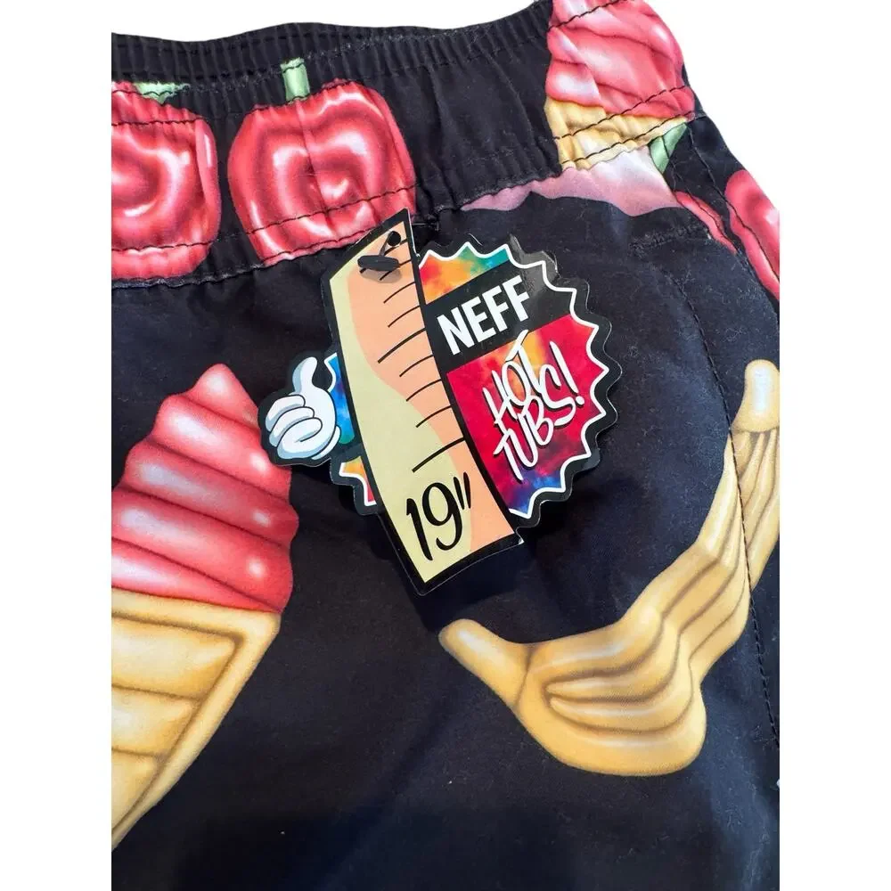 NWT NEFF XL Black Novelty Print Swim Trunks 19” Board Shorts Cherry Flamingo